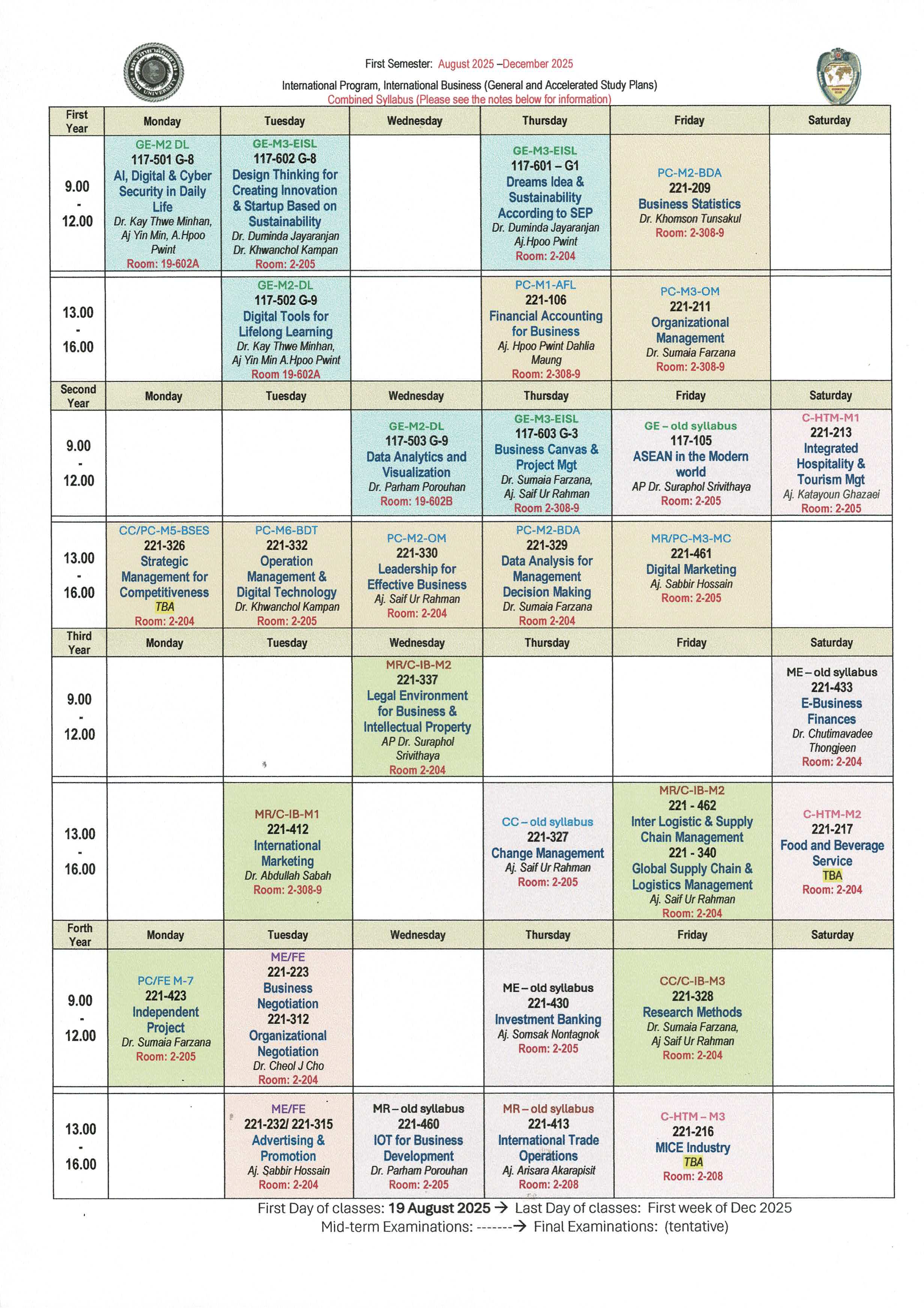 IBBA 1st Semester 2025 Timetable