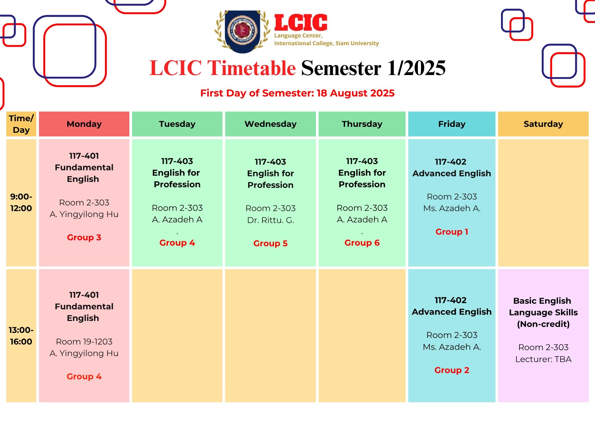 LCIC 1st Semester 2025 Timetable