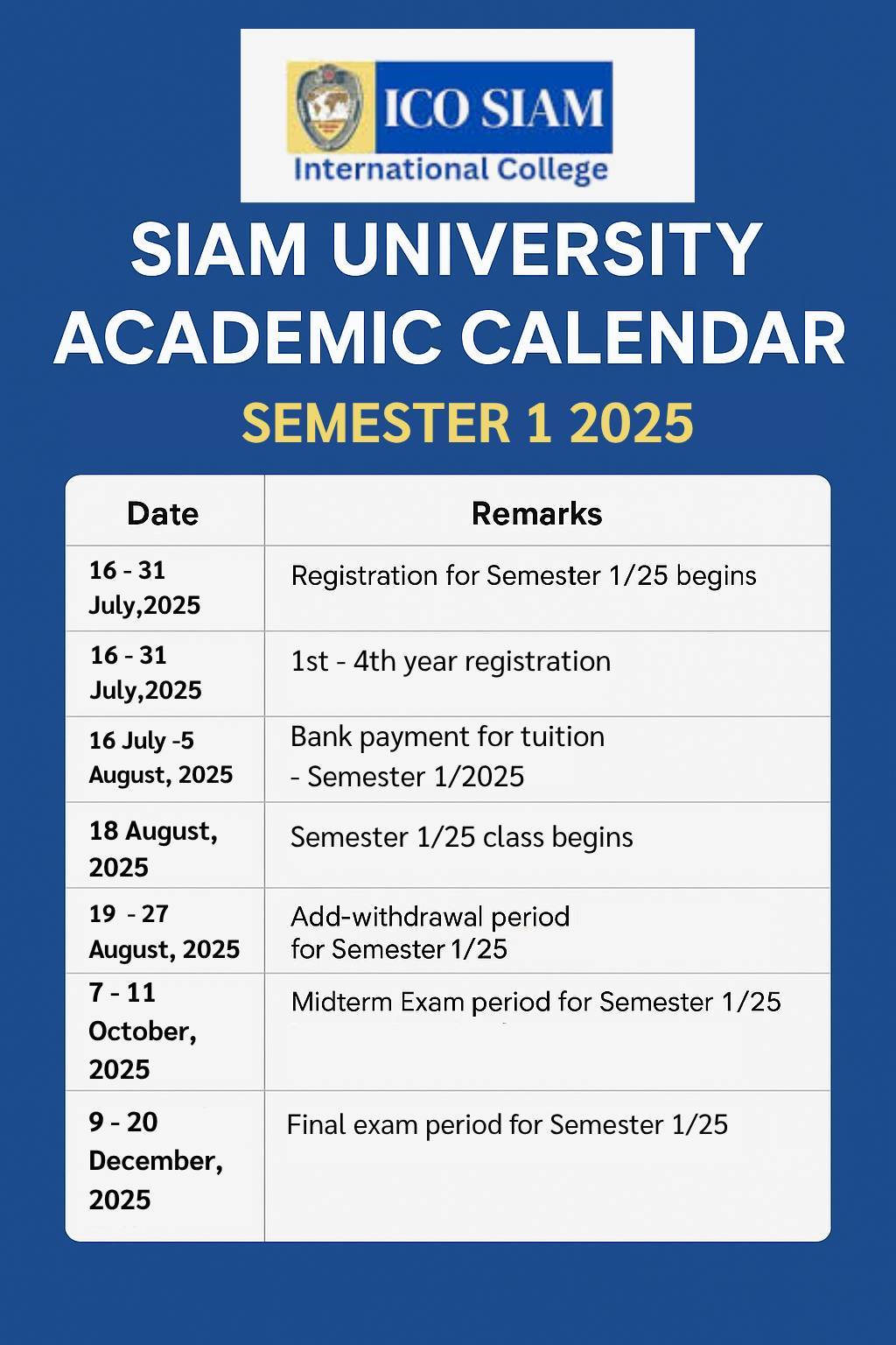 SIAM University Academic Calendar Semester-1 2025